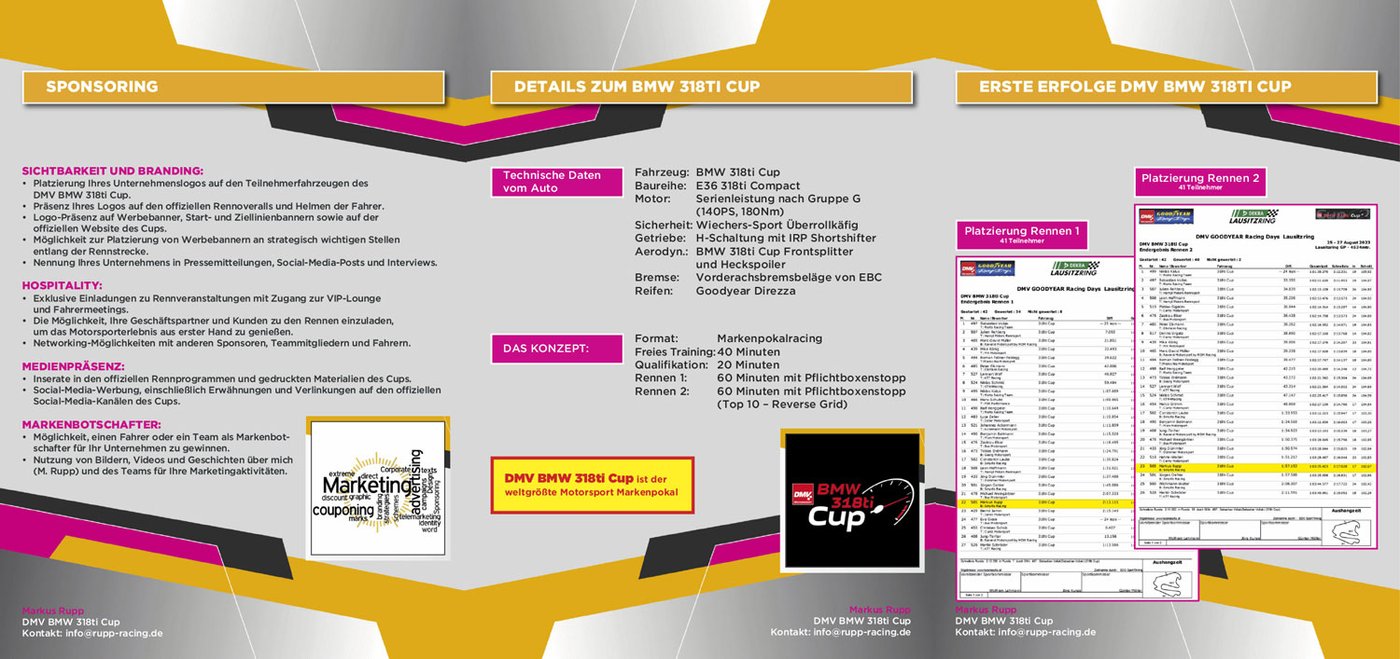 Sponsorenmappe Markus Rupp – Sponsoring-Optionen und BMW 318ti Cup Details