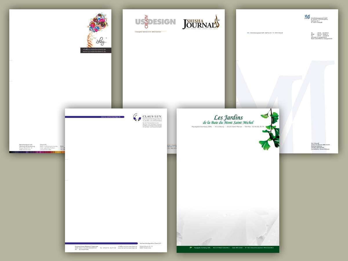 Briefpapier und Briefbögen im Corporate Design für verschiedene Kunden